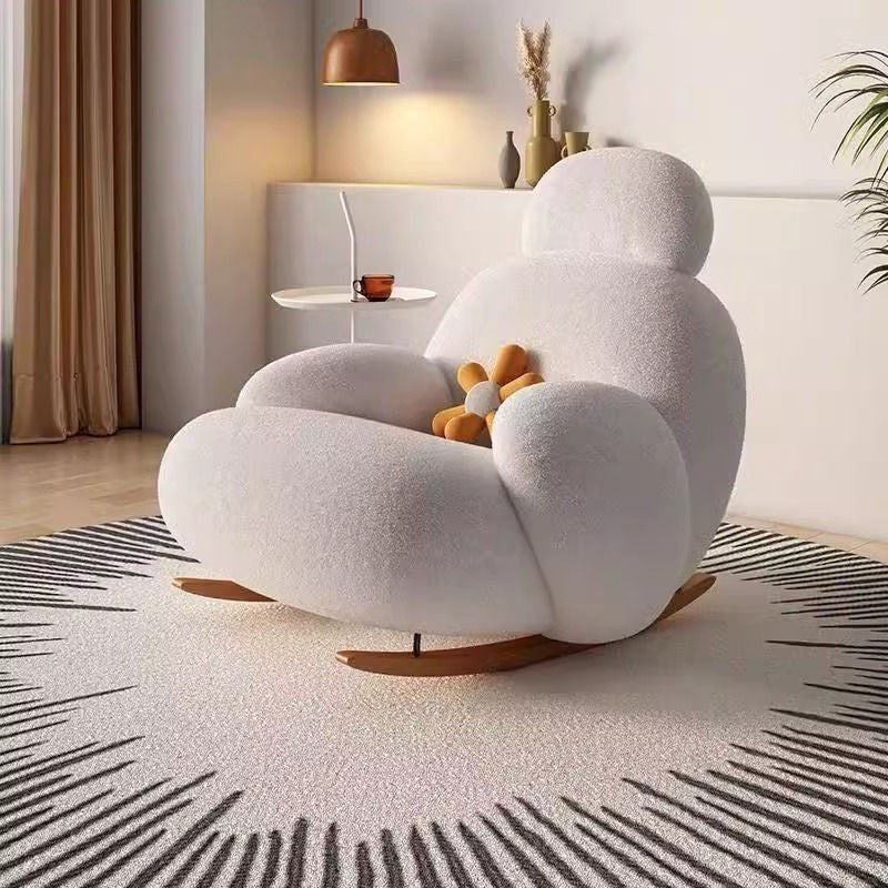 Modern Minimalist Curved Rocking Chair with Faux Rabbit Fur Upholstery, Down-Filled Cushions, Silk-Cotton Fabric, and Solid Wood Frame – Living Room