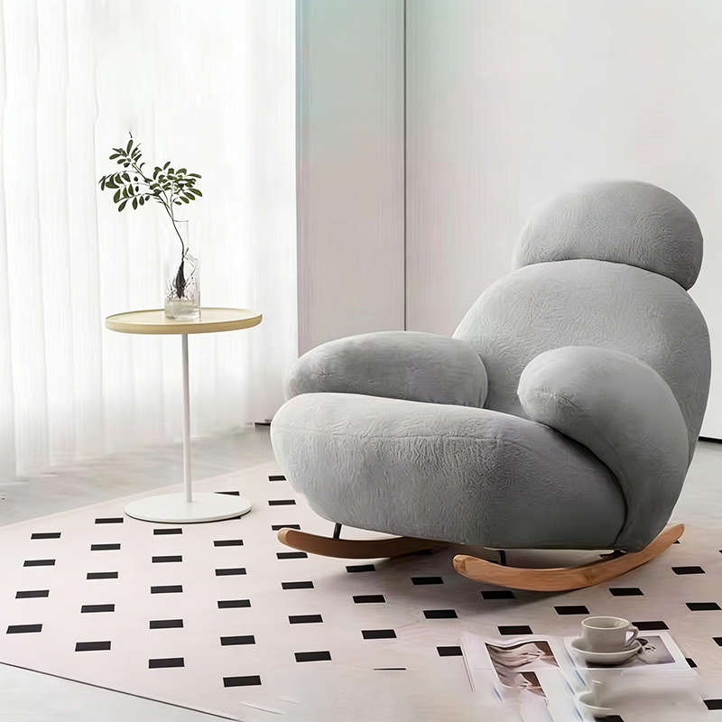 Modern Minimalist Curved Rocking Chair with Faux Rabbit Fur Upholstery, Down-Filled Cushions, Silk-Cotton Fabric, and Solid Wood Frame – Living Room