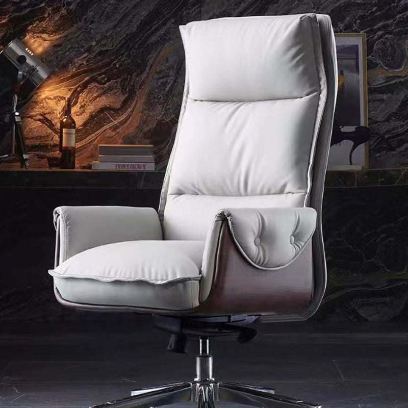 Modern Luxury Genuine Leather Desk Chair with Wood & Aluminum Frame, Rectangular Back, Footrest and Wheels - Ideal for Study and Home Office
