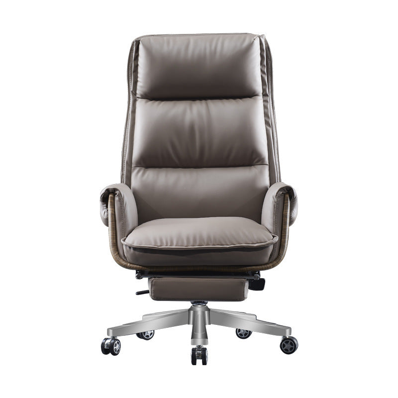 Modern Luxury Genuine Leather Desk Chair with Wood & Aluminum Frame, Rectangular Back, Footrest and Wheels - Ideal for Study and Home Office