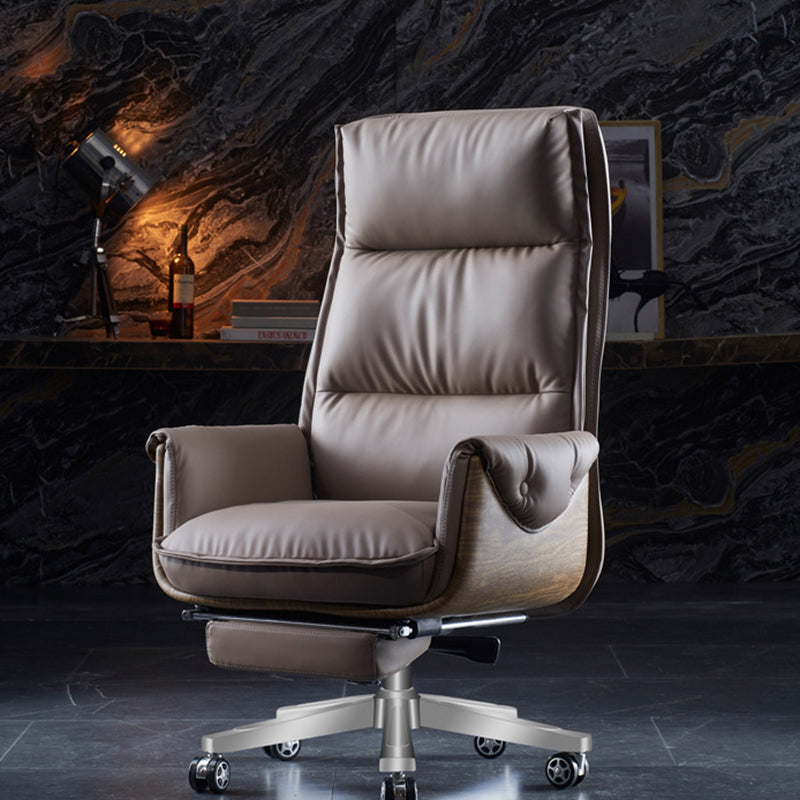 Modern Luxury Genuine Leather Desk Chair with Wood & Aluminum Frame, Rectangular Back, Footrest and Wheels - Ideal for Study and Home Office