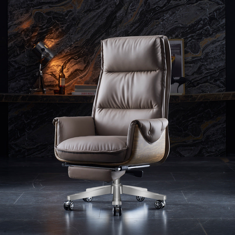 Modern Luxury Genuine Leather Desk Chair with Wood & Aluminum Frame, Rectangular Back, Footrest and Wheels - Ideal for Study and Home Office