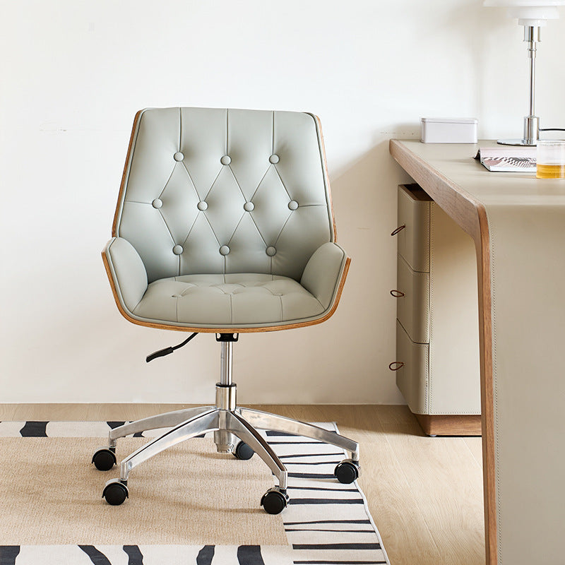 Nordic Contemporary Swivel Desk Chair with Microfiber and Genuine Leather Upholstery, Wood and Steel Square Frame, Armrests and Backrest for Home Office or Study