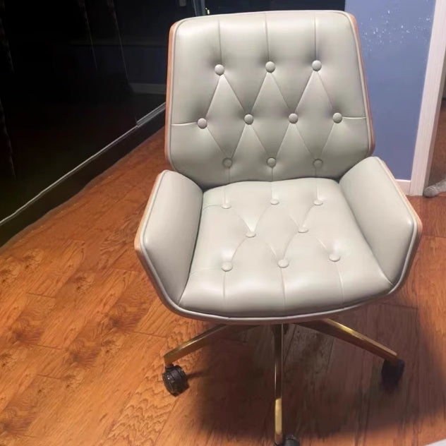 Nordic Contemporary Swivel Desk Chair with Microfiber and Genuine Leather Upholstery, Wood and Steel Square Frame, Armrests and Backrest for Home Office or Study