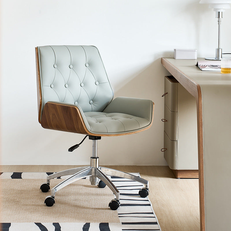 Nordic Contemporary Swivel Desk Chair with Microfiber and Genuine Leather Upholstery, Wood and Steel Square Frame, Armrests and Backrest for Home Office or Study
