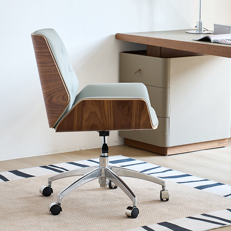 Nordic Contemporary Swivel Desk Chair with Microfiber and Genuine Leather Upholstery, Wood and Steel Square Frame, Armrests and Backrest for Home Office or Study