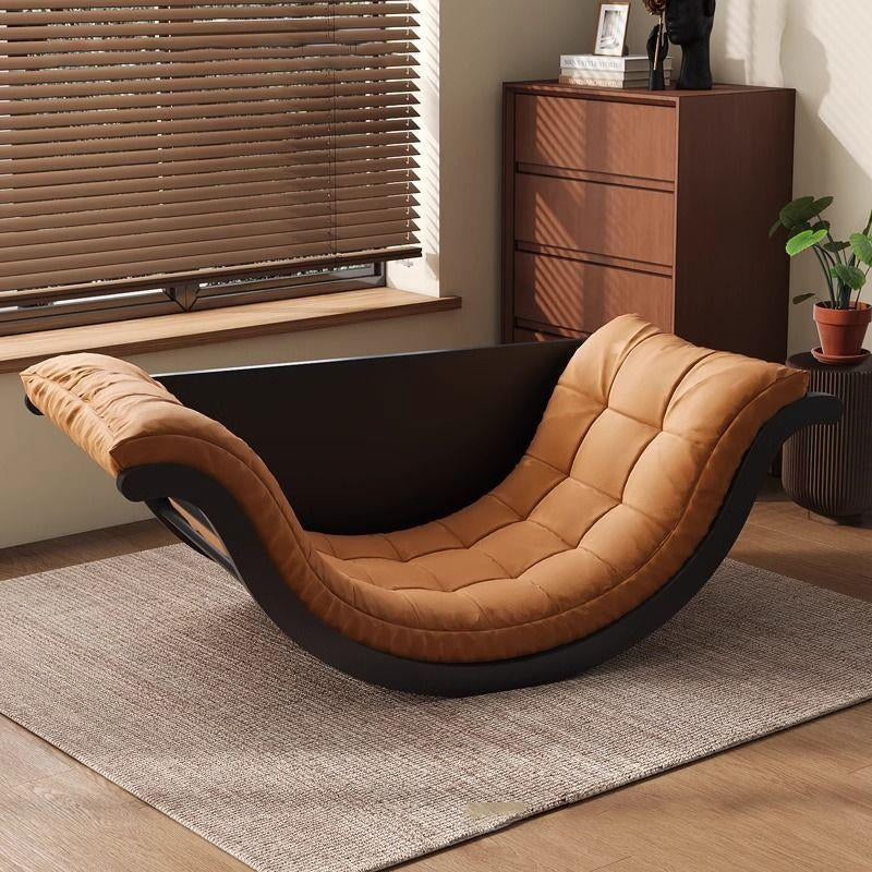 Contemporary Nordic Moon Boat Rocking Chair with Wood Frame — Faux Leather and Cotton-Linen Upholstery, Backrest Recliner for Living Room & Bedroom