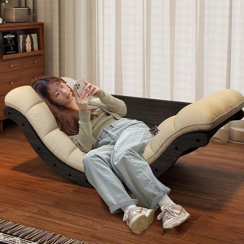 Contemporary Nordic Moon Boat Rocking Chair with Wood Frame — Faux Leather and Cotton-Linen Upholstery, Backrest Recliner for Living Room & Bedroom