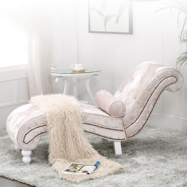 Luxurious European-Style Velvet and Leather Curved Chaise Lounge Recliner with Wooden Frame and Backrest – Perfect for Living Room or Bedroom
