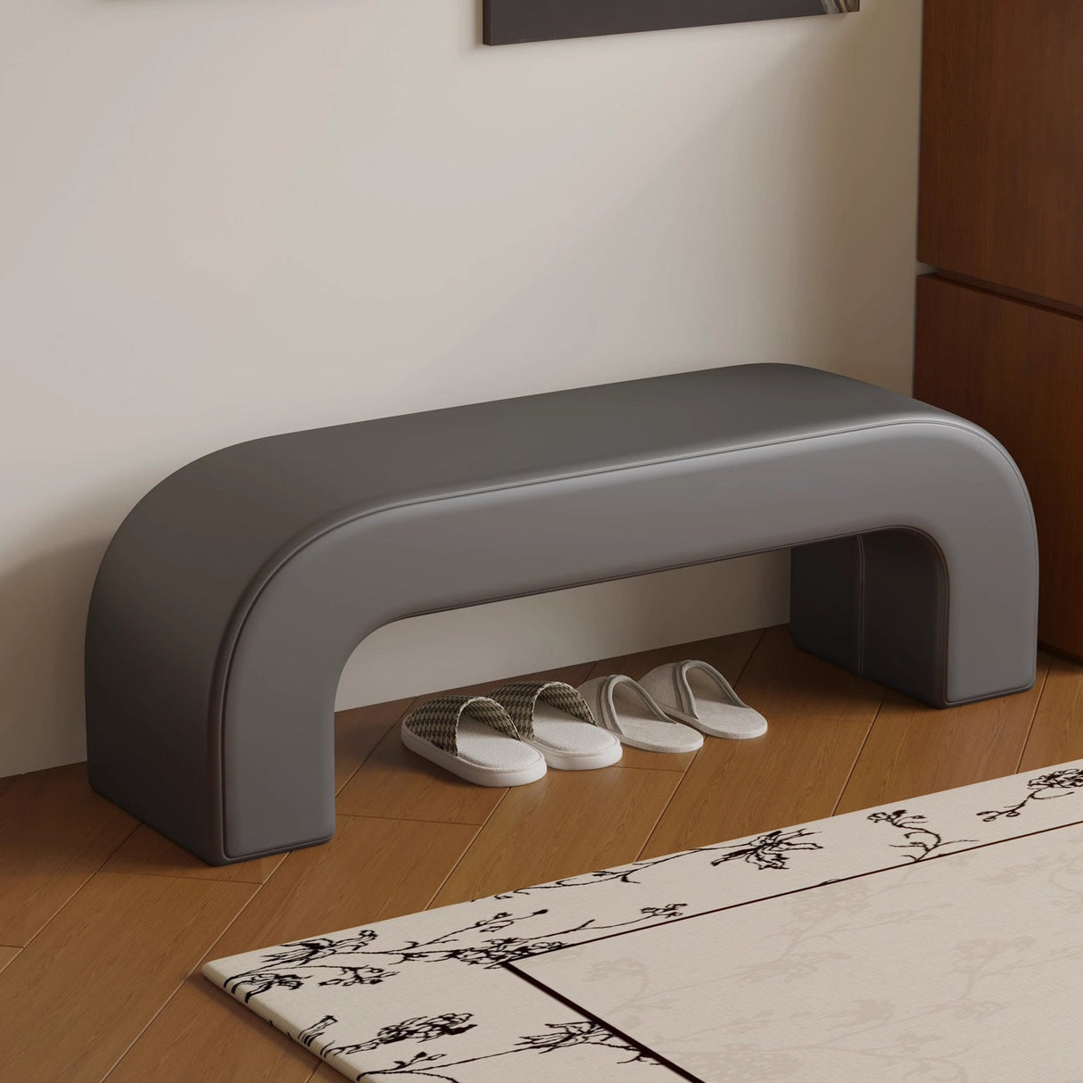 Sleek Modern Minimalist Wood, Lambswool & PU Leather Rectangular Bench for Entryway & Living Room