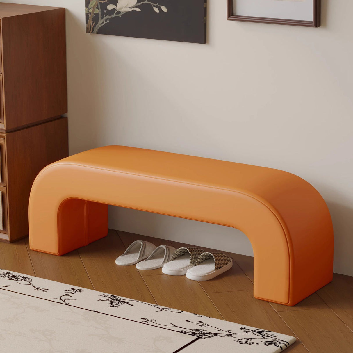 Sleek Modern Minimalist Wood, Lambswool & PU Leather Rectangular Bench for Entryway & Living Room
