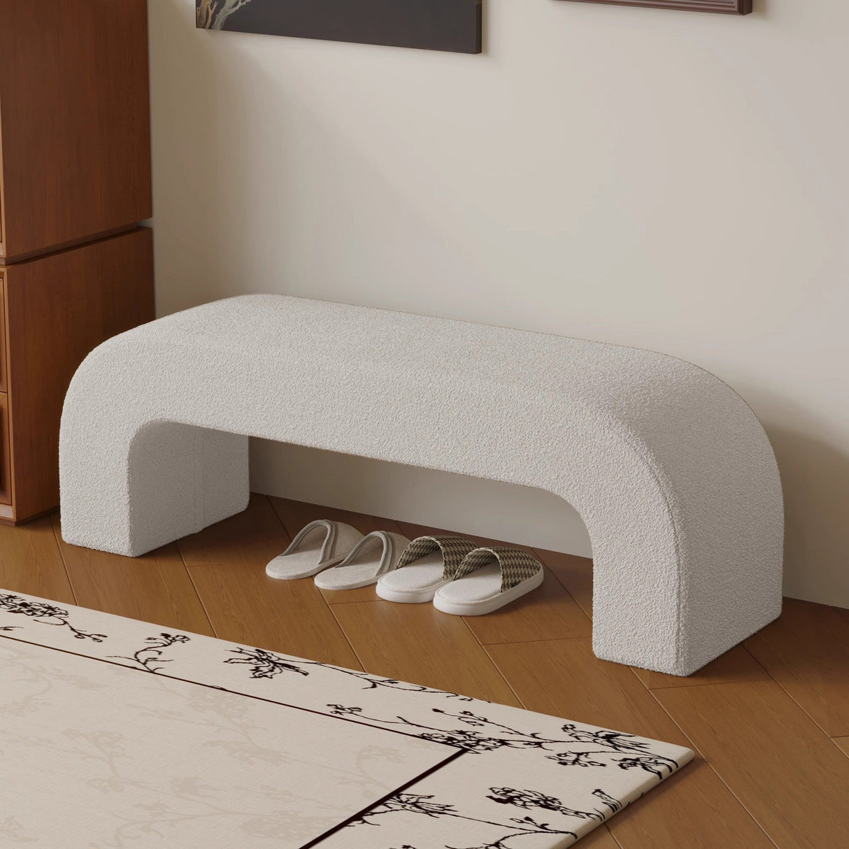Sleek Modern Minimalist Wood, Lambswool & PU Leather Rectangular Bench for Entryway & Living Room