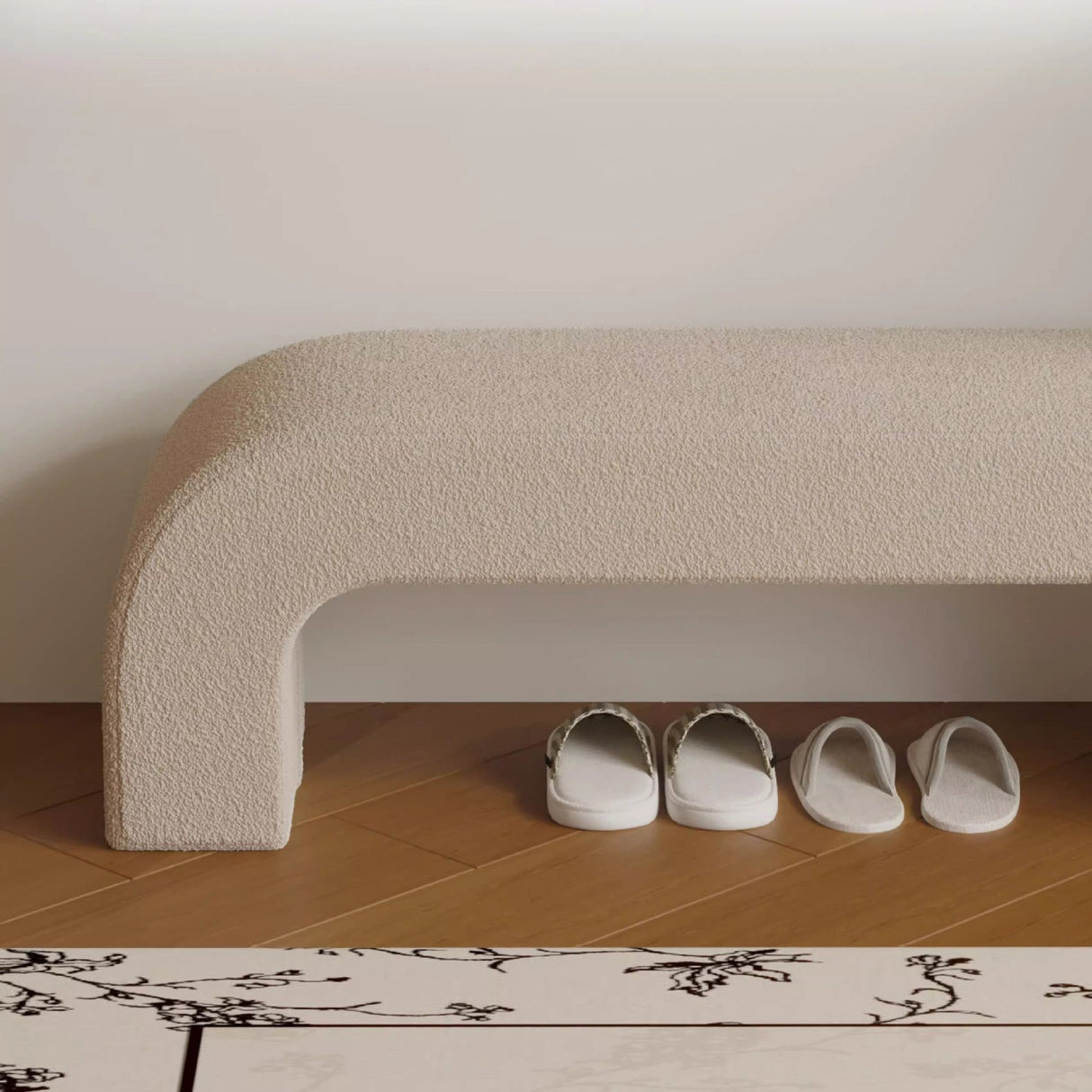 Sleek Modern Minimalist Wood, Lambswool & PU Leather Rectangular Bench for Entryway & Living Room