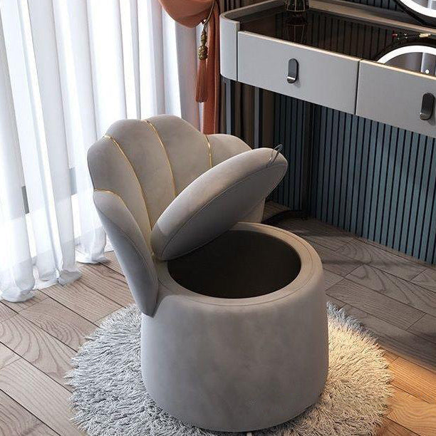 Nordic Contemporary Velvet Wood Vanity Stool with Round Petal-Back, Storage and Backrest – Ideal Bedroom Seating