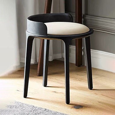 Modern Retro Ash Oak Wood Vanity Stool with Faux Leather Upholstery and Backrest – Round Bedroom Vanity Chair