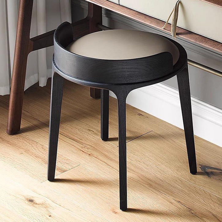Modern Retro Ash Oak Wood Vanity Stool with Faux Leather Upholstery and Backrest – Round Bedroom Vanity Chair