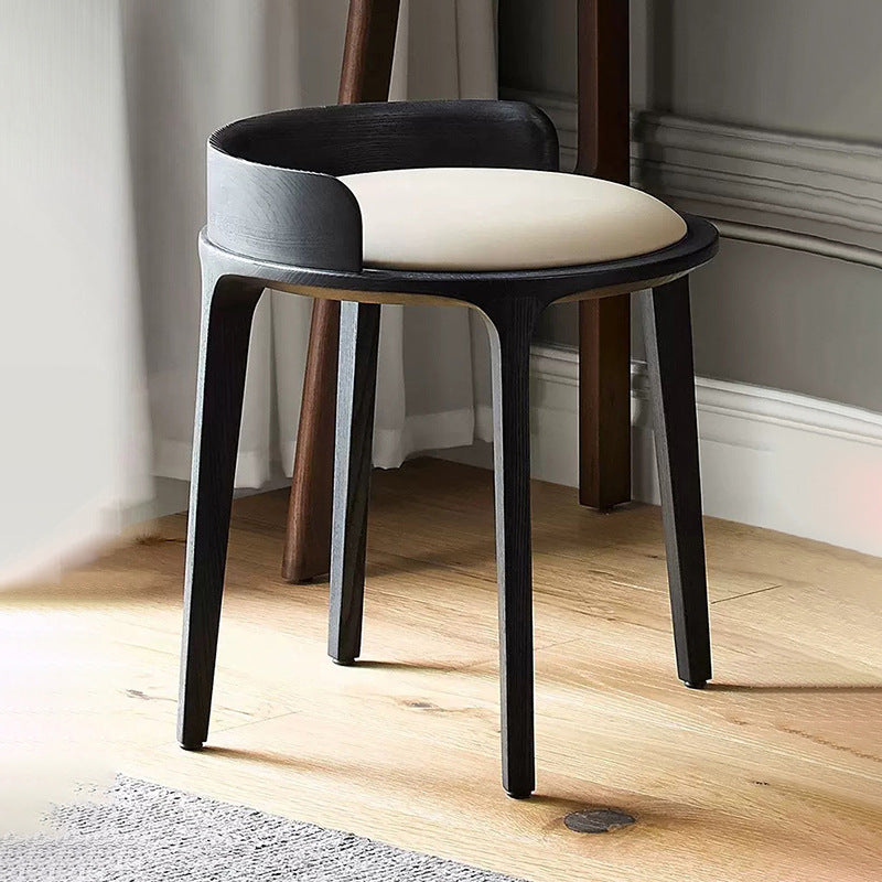 Modern Retro Ash Oak Wood Vanity Stool with Faux Leather Upholstery and Backrest – Round Bedroom Vanity Chair