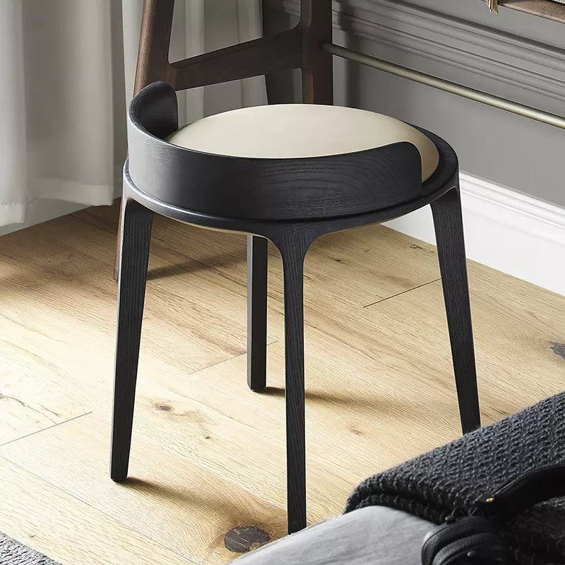 Modern Retro Ash Oak Wood Vanity Stool with Faux Leather Upholstery and Backrest – Round Bedroom Vanity Chair