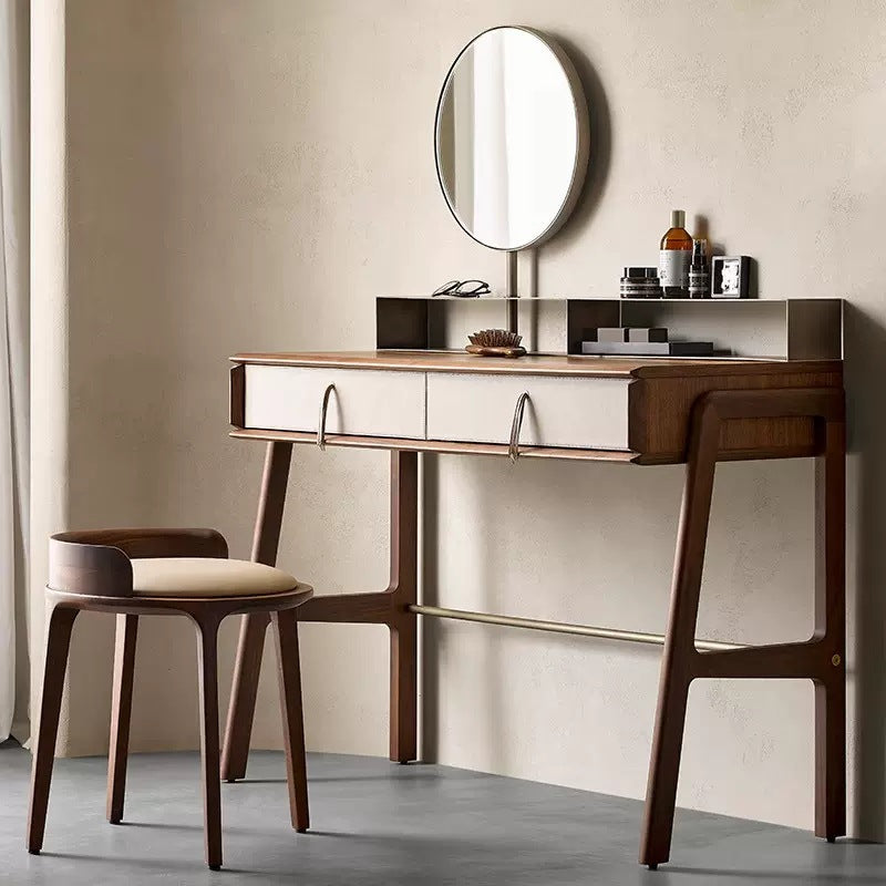 Modern Retro Ash Oak Wood Vanity Stool with Faux Leather Upholstery and Backrest – Round Bedroom Vanity Chair
