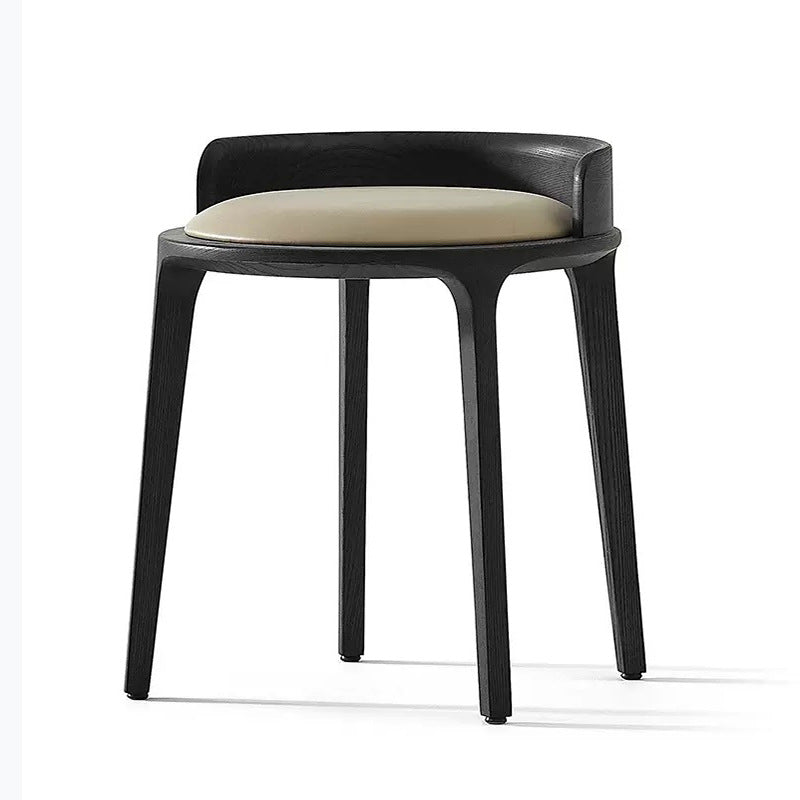 Modern Retro Ash Oak Wood Vanity Stool with Faux Leather Upholstery and Backrest – Round Bedroom Vanity Chair