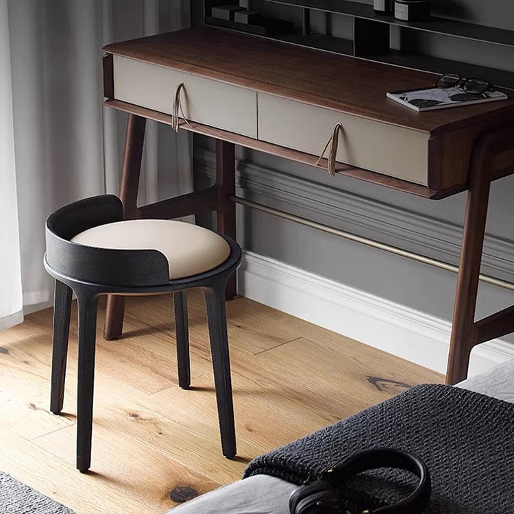 Modern Retro Ash Oak Wood Vanity Stool with Faux Leather Upholstery and Backrest – Round Bedroom Vanity Chair