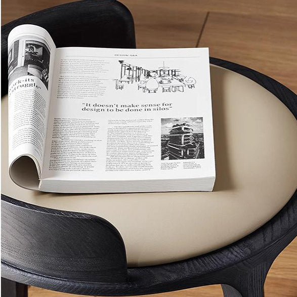 Modern Retro Ash Oak Wood Vanity Stool with Faux Leather Upholstery and Backrest – Round Bedroom Vanity Chair