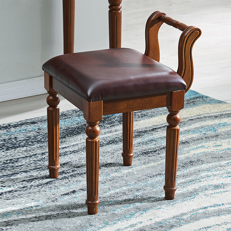 Contemporary Retro Vanity Stool with Backrest - Square Jacquard Wood Base, Microfiber Leather Upholstery for Bedroom