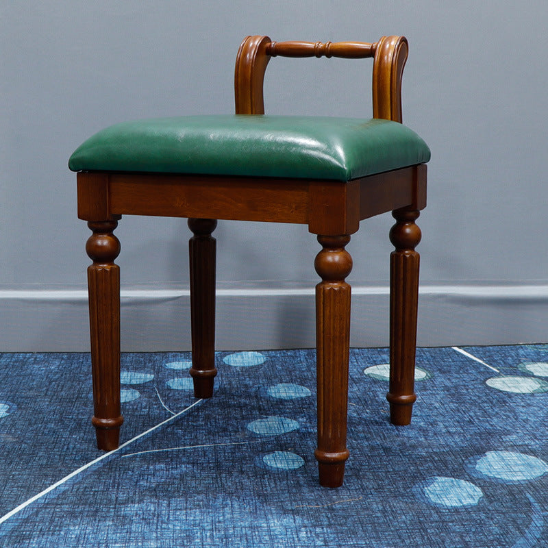 Contemporary Retro Vanity Stool with Backrest - Square Jacquard Wood Base, Microfiber Leather Upholstery for Bedroom