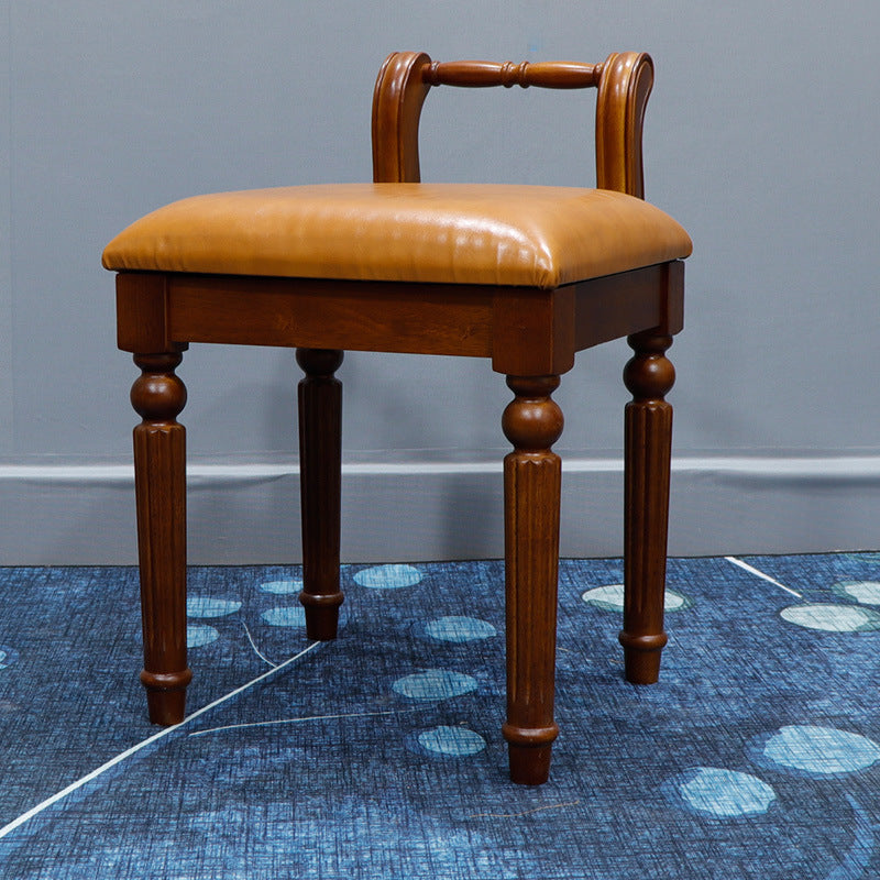 Contemporary Retro Vanity Stool with Backrest - Square Jacquard Wood Base, Microfiber Leather Upholstery for Bedroom