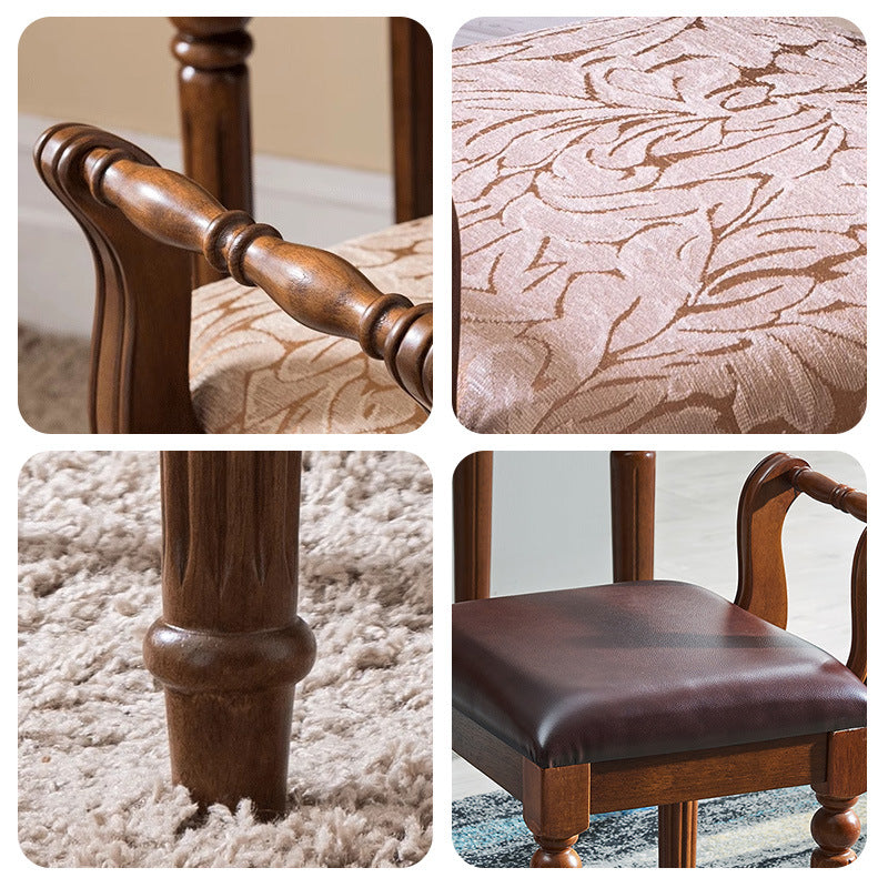 Contemporary Retro Vanity Stool with Backrest - Square Jacquard Wood Base, Microfiber Leather Upholstery for Bedroom