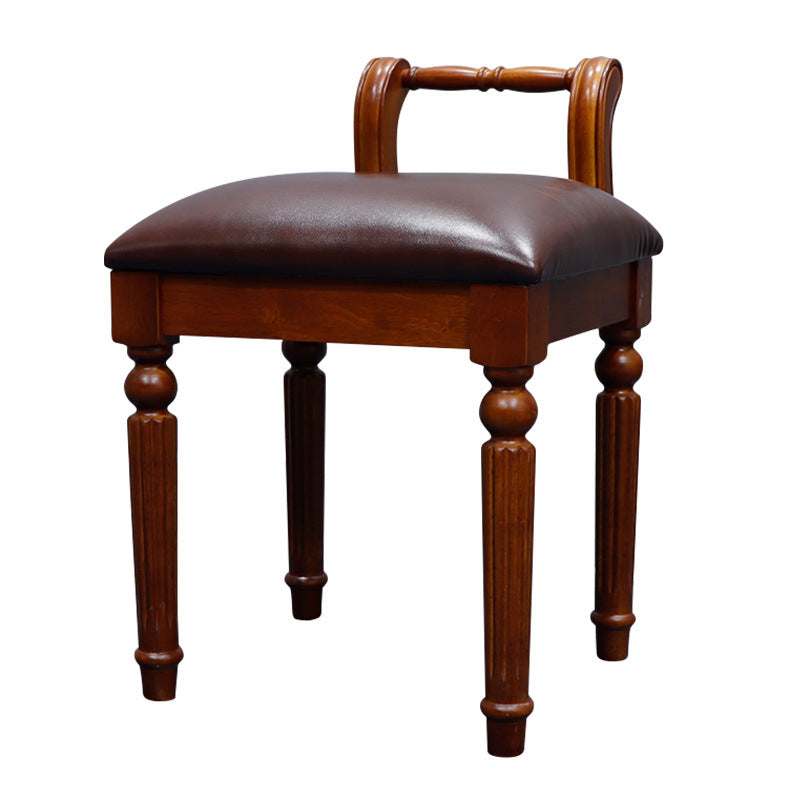 Contemporary Retro Vanity Stool with Backrest - Square Jacquard Wood Base, Microfiber Leather Upholstery for Bedroom
