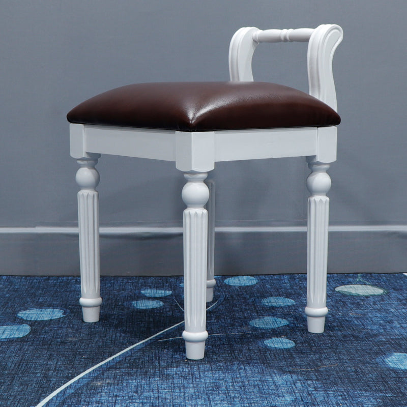 Contemporary Retro Vanity Stool with Backrest - Square Jacquard Wood Base, Microfiber Leather Upholstery for Bedroom