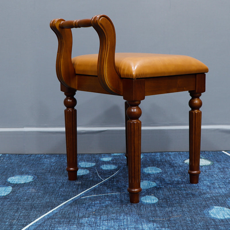 Contemporary Retro Vanity Stool with Backrest - Square Jacquard Wood Base, Microfiber Leather Upholstery for Bedroom