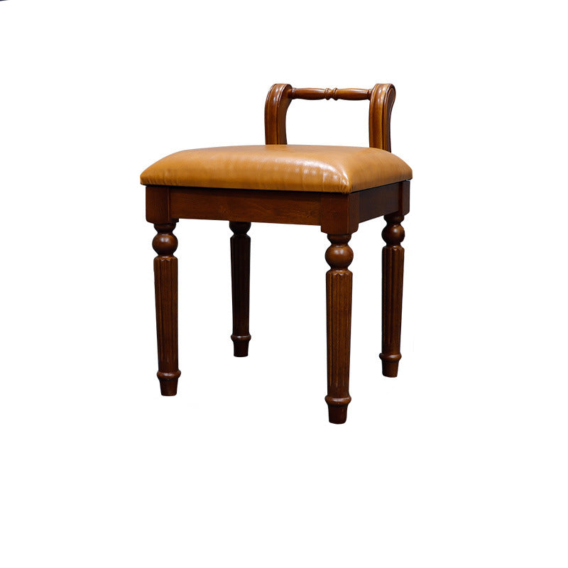 Contemporary Retro Vanity Stool with Backrest - Square Jacquard Wood Base, Microfiber Leather Upholstery for Bedroom