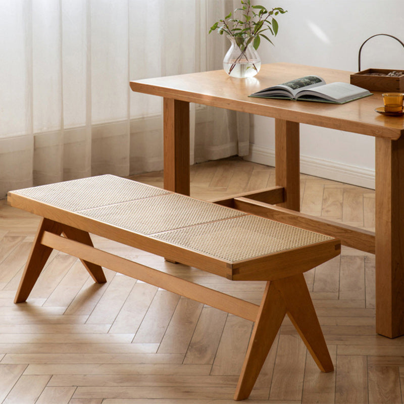 Traditional Japanese Rubber Wood & Rattan Rectangular V-Leg Bench with Handwoven Seat — Elegant Entryway & Living Room Accent