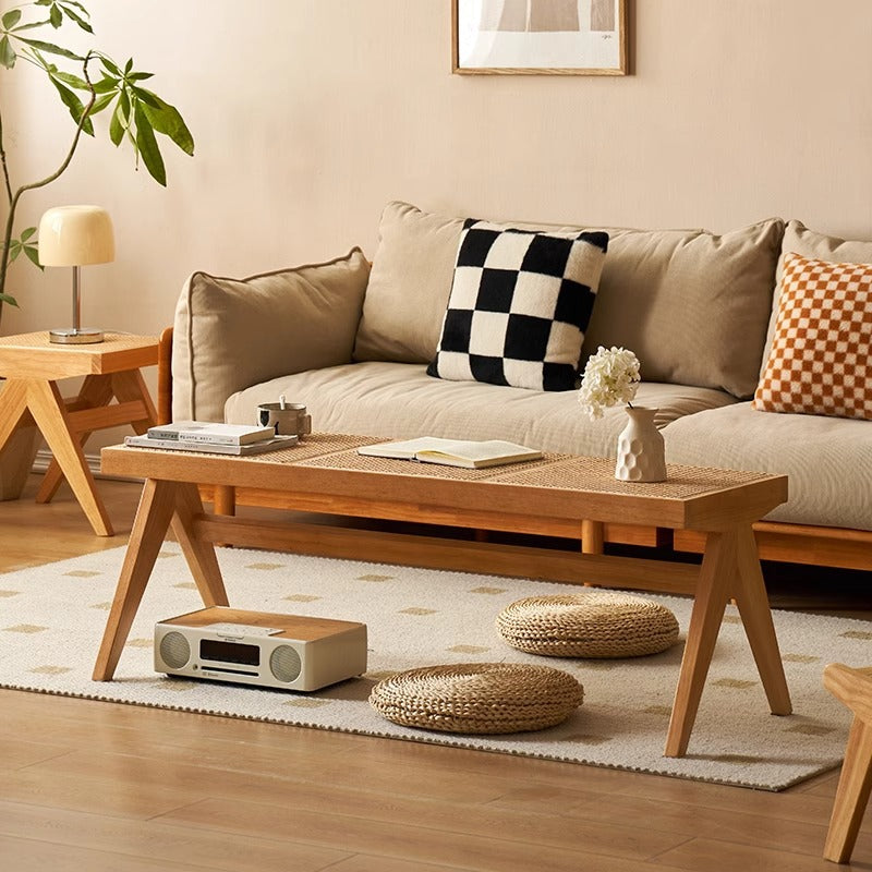Traditional Japanese Rubber Wood & Rattan Rectangular V-Leg Bench with Handwoven Seat — Elegant Entryway & Living Room Accent