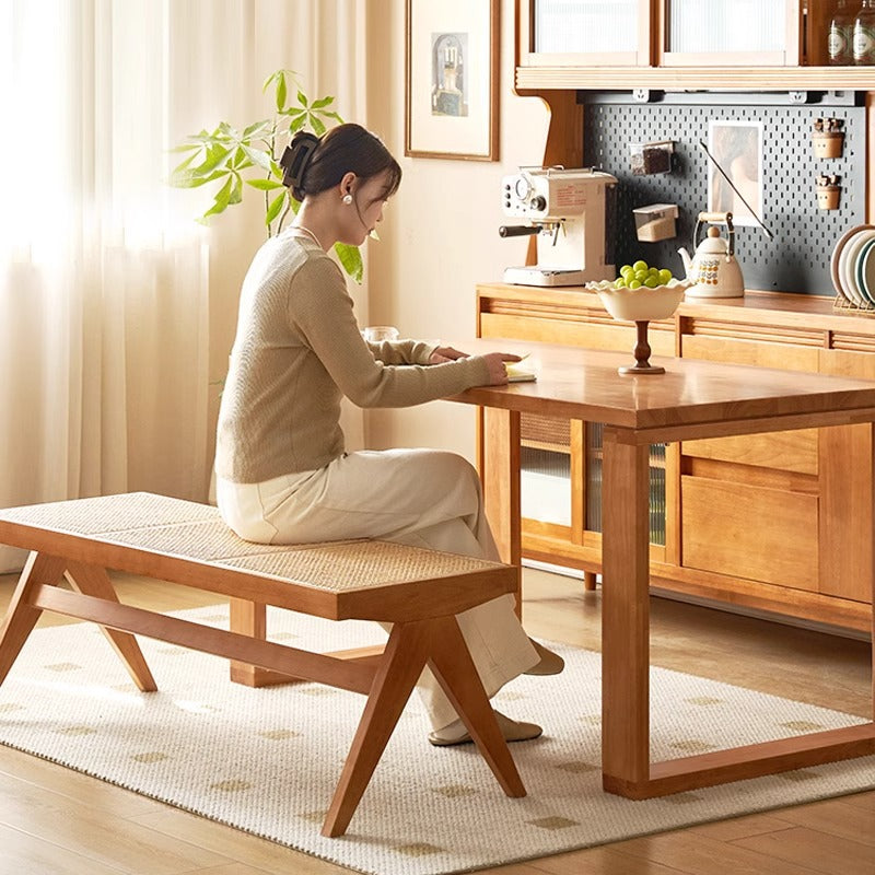 Traditional Japanese Rubber Wood & Rattan Rectangular V-Leg Bench with Handwoven Seat — Elegant Entryway & Living Room Accent