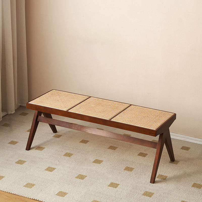 Traditional Japanese Rubber Wood & Rattan Rectangular V-Leg Bench with Handwoven Seat — Elegant Entryway & Living Room Accent