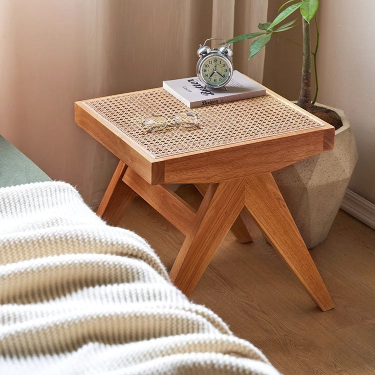 Traditional Japanese Rubber Wood & Rattan Rectangular V-Leg Bench with Handwoven Seat — Elegant Entryway & Living Room Accent