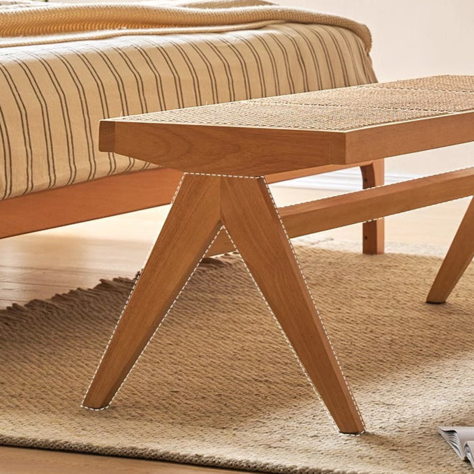 Traditional Japanese Rubber Wood & Rattan Rectangular V-Leg Bench with Handwoven Seat — Elegant Entryway & Living Room Accent