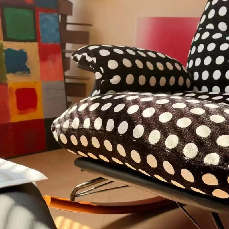 Modern Mid-Century Rocking Chair with Fabric and Faux Leather Upholstery, Iron Wood Frame, Polka Dot Pattern, Backrest and Armrests for Living Room