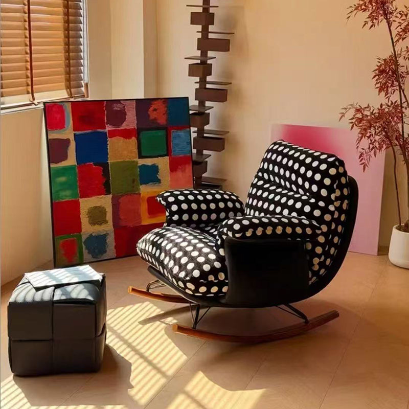 Modern Mid-Century Rocking Chair with Fabric and Faux Leather Upholstery, Iron Wood Frame, Polka Dot Pattern, Backrest and Armrests for Living Room