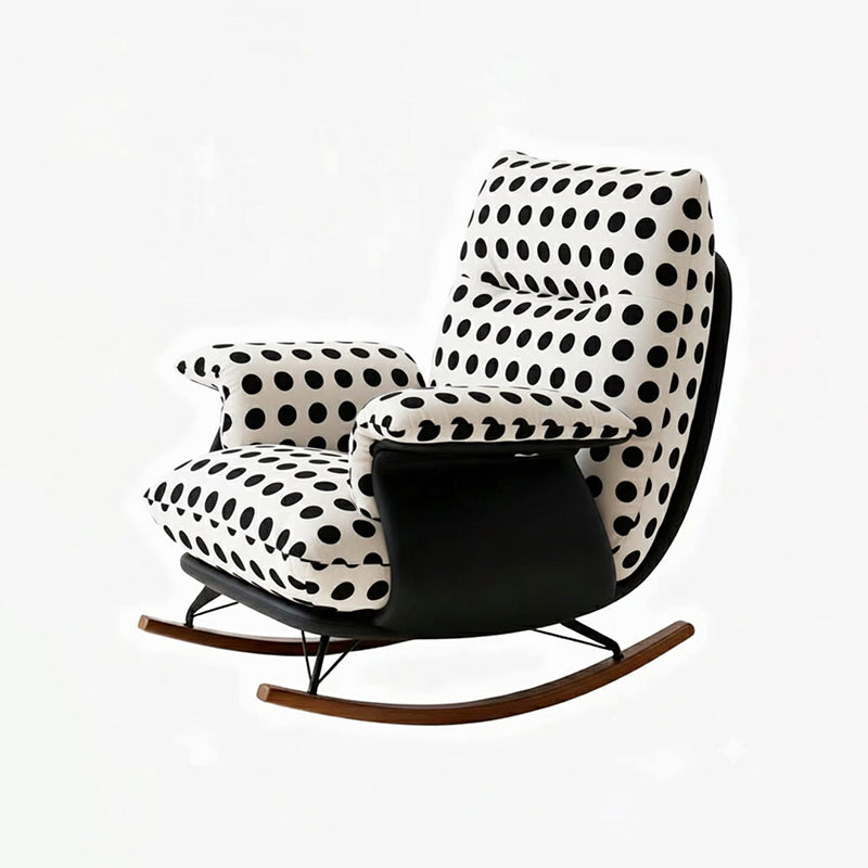 Modern Mid-Century Rocking Chair with Fabric and Faux Leather Upholstery, Iron Wood Frame, Polka Dot Pattern, Backrest and Armrests for Living Room