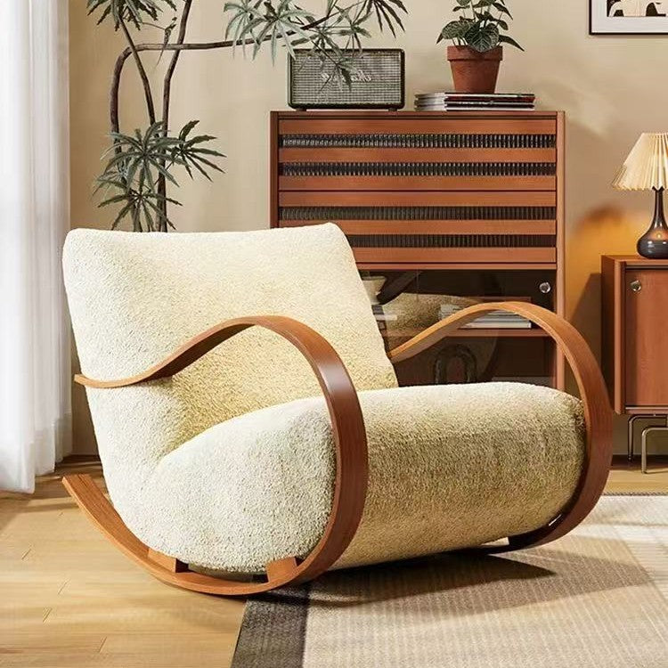 Contemporary Scandinavian Velvet Rocking Accent Chair with Curved Rectangular Backrest and Armrests - Carbon Steel Frame for Living Room