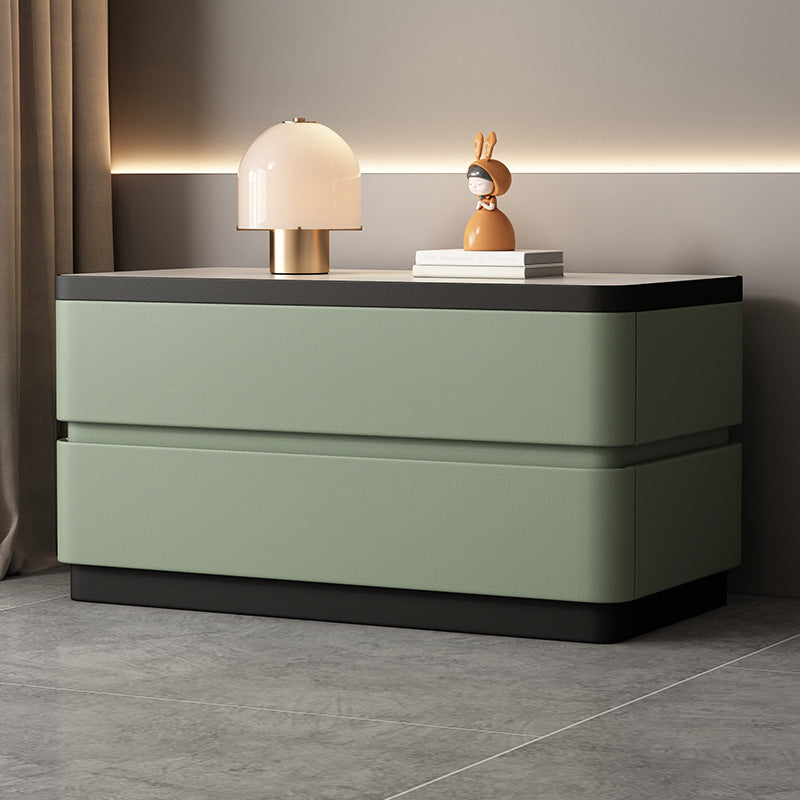 Modern Minimalist Rectangular Stone-Slab Solid Wood Nightstand with Cat's-Paw Leather, 2-Drawer Bedroom Table