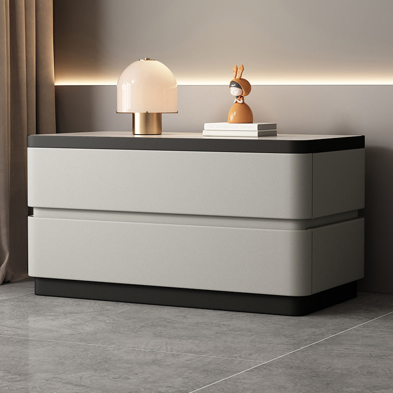 Modern Minimalist Rectangular Stone-Slab Solid Wood Nightstand with Cat's-Paw Leather, 2-Drawer Bedroom Table