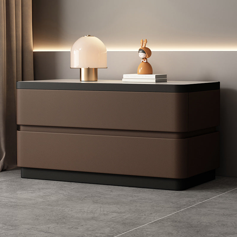 Modern Minimalist Rectangular Stone-Slab Solid Wood Nightstand with Cat's-Paw Leather, 2-Drawer Bedroom Table