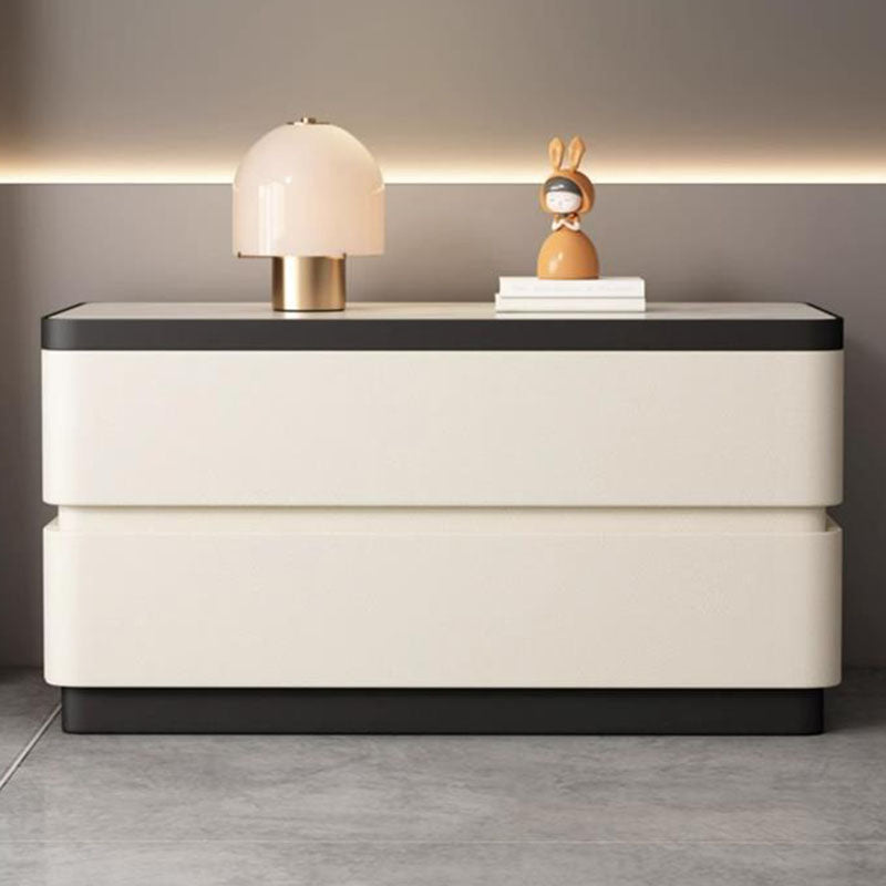 Modern Minimalist Rectangular Stone-Slab Solid Wood Nightstand with Cat's-Paw Leather, 2-Drawer Bedroom Table