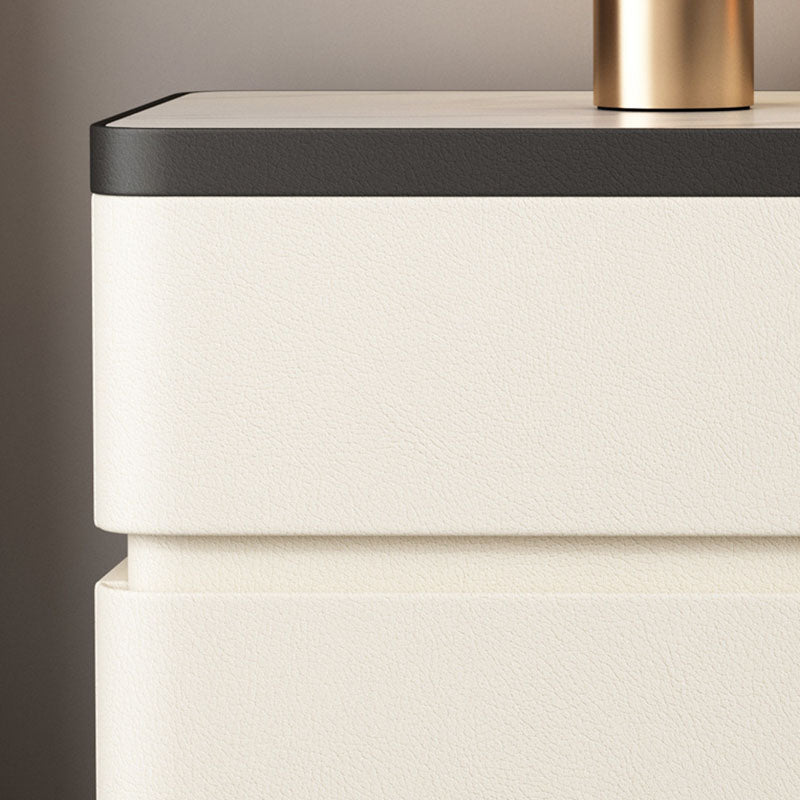 Modern Minimalist Rectangular Stone-Slab Solid Wood Nightstand with Cat's-Paw Leather, 2-Drawer Bedroom Table