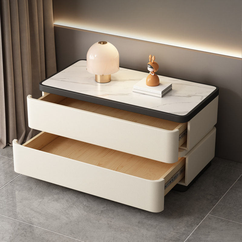 Modern Minimalist Rectangular Stone-Slab Solid Wood Nightstand with Cat's-Paw Leather, 2-Drawer Bedroom Table